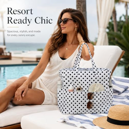LEDAOU Beach Bag Waterproof Sandproof Women Beach Tote Pool Bag with Zipper for Swim Gym Grocery Travel with Wet Pocket | Sandproof - color: White Polka Dots