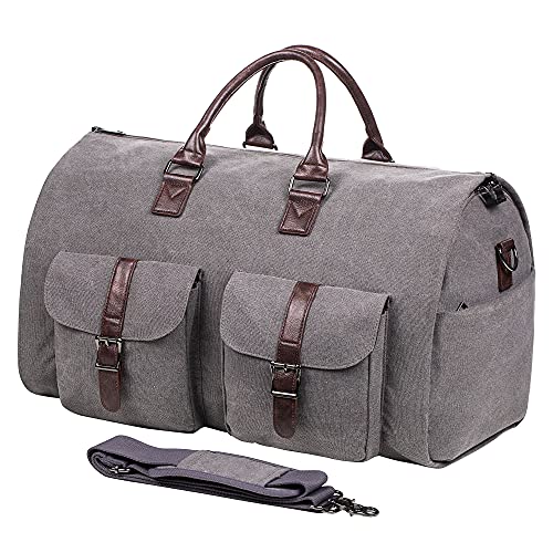 seyfocnia Convertible Travel Garment Bag,Carry on Garment Duffel Bag for Men Women - 2 in 1 Hanging Suitcase Suit Business Travel Bag - color: Grey-2Pockets-Canvas