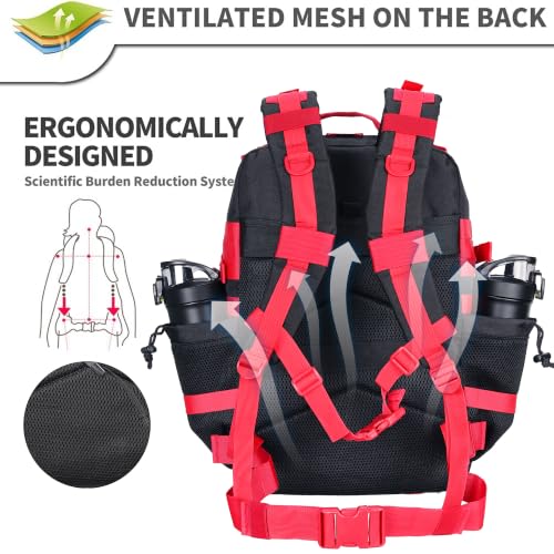 45L Military Tactical Backpacks 3 Days Assault PackBag Fitness Rucksack Hiking Molle Daypack (Black Red) - color: Black Red