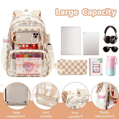 Bluboon Clear Backpack Heavy Duty Kids Boys Clear Bookbag See Through Backpacks with Pencil Case for College Work (Transparent Brown white Checked) - color: Transparent Brown White Checked