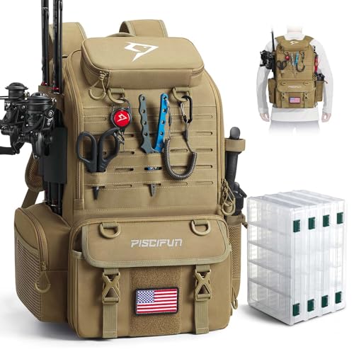 Piscifun 52L Fishing Tackle Backpack with Rod Holders & 4 Tackle Boxes, Large Tackle Bag for Gear Storage with Rain Cover - color: Khaki