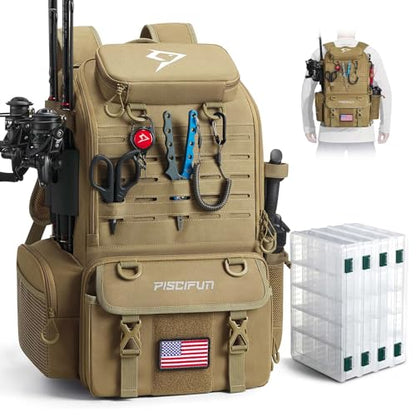 Piscifun 52L Fishing Tackle Backpack with Rod Holders & 4 Tackle Boxes, Large Tackle Bag for Gear Storage with Rain Cover - color: Khaki