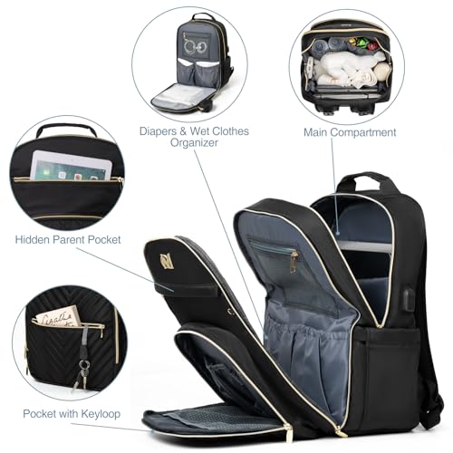 MOMUVO Diaper Bag Backpack, Quilted Baby Bag with Changing Pad & Stroller Straps & Pacifier Case, Large Travel Diaper Bags for Mom Dad, Black - color: Black
