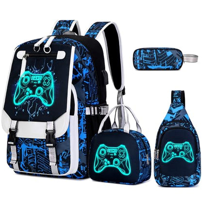 Bevalsa Backpack for Boys, Cool Luminous Boys Backpack with Sling Bag, Lunch Box & Pen Case, School Bags for Kids Children Teens Elementary Middle Schools, Bookbag Glow In The Dark (Blue Game) - color: Blue Game