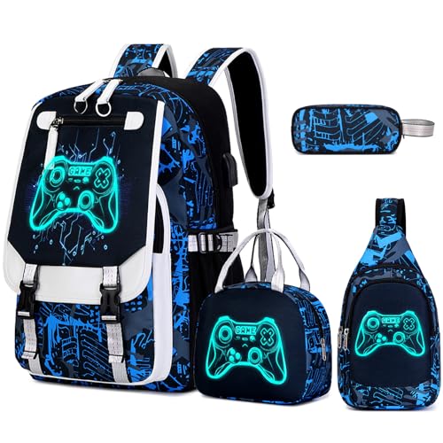 Bevalsa Backpack for Boys, Cool Luminous Boys Backpack with Sling Bag, Lunch Box & Pen Case, School Bags for Kids Children Teens Elementary Middle Schools, Bookbag Glow In The Dark (Blue Game) - color: Blue Game