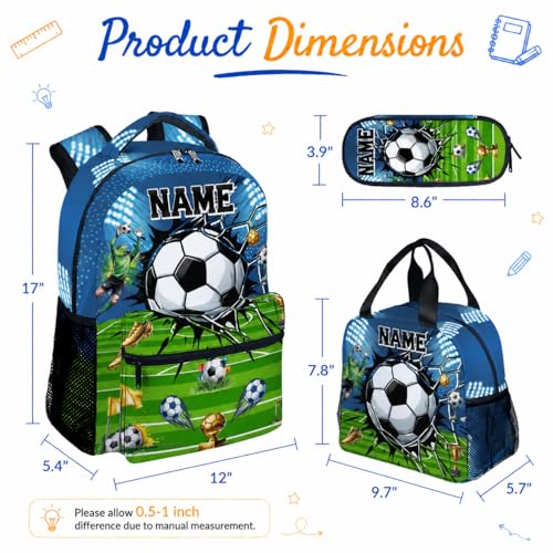 Personalized Kids Backpack for Boys Soccer School Bag Set - 17 Inch Custom Elementary Middle School Sports Themed Bookbag with Lunch Box and Pencil Case - color: Green