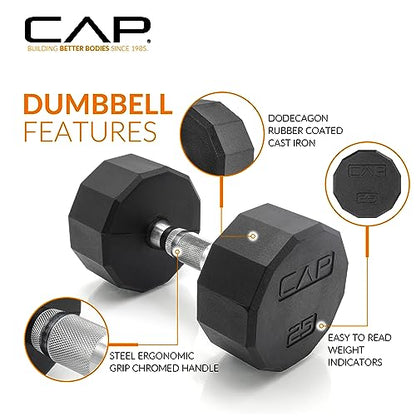 CAP Rubber Coated Hex Dumbbell Set with Storage Rack | 100–210 lb Options, Space-Saving Vertical Compact Storage for Home Gym Strength Training - size: 150 lb - Set, style: 12-Sided Chrome Handle