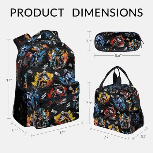 Kids Backpack Set - Motorcycle Backpacks for Boys - 3Pcs Toddler Bookbag with Lunch Box Pencil Case - Boys School Bag for Kindergarten/Preschool/Elementary (17 Inch) - color: Blue