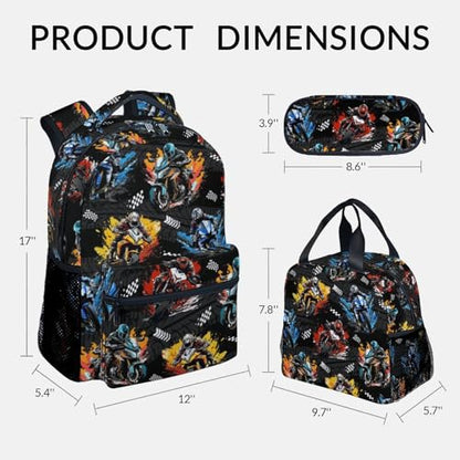 Kids Backpack Set - Motorcycle Backpacks for Boys - 3Pcs Toddler Bookbag with Lunch Box Pencil Case - Boys School Bag for Kindergarten/Preschool/Elementary (17 Inch) - color: Blue