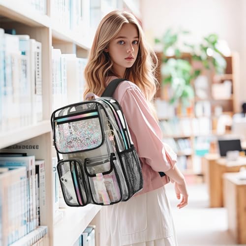 Clear Backpack for Girls Women, PVC Transparent School Backpacks See Through Bookbag for Stadium Sport Travel (Black) - color: Black