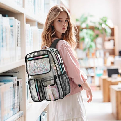 Clear Backpack for Girls Women, PVC Transparent School Backpacks See Through Bookbag for Stadium Sport Travel (Black) - color: Black