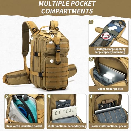 Camo hunting backpack，small tactical backpack, military backpack for men， camping backpack, 3-day bag(Khaki) - color: Mud Color