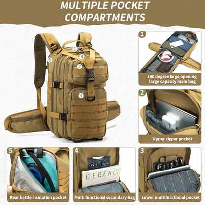 Camo hunting backpack，small tactical backpack, military backpack for men， camping backpack, 3-day bag(Khaki) - color: Mud Color