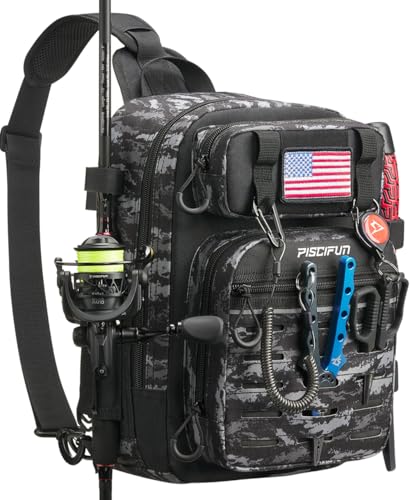 Piscifun Fishing Backpack Tackle Bag with 2 Rod Holders, Multi-Compartment Storage, MOLLE System, Water-Resistant Lightweight Outdoor Pack - color: Single Shoulder - Black Camouflage, style: Standard