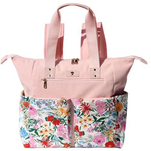ESVAN Diaper Tote Bag Totepack Backpack 2 in 1 for Women Multifunctional Large Capacity with Insulated Pockets Travel | Multifunctional - color: Corduroy Pink Flower