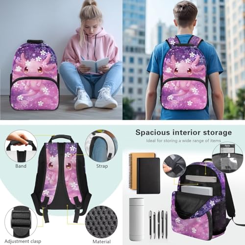 JEOCODY Axolotl Girls School Bag with Lunch Bag Pencil Case and Water Bottle Holder 4 PCS Backpack Accessories School Daypack Travel Bag Satchel Bagpack - color: Cherry Blossom Axolotl Printed