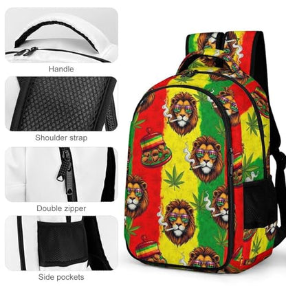 Sturdy Laptop Backpack Rasta Lion Judah with Sunglasses Smoking Jamaican Reggae, Anti Theft Water Resistant Travel Business Bag with Water Bottle Pockets Gifts for Men Women - color: Pattern (326)