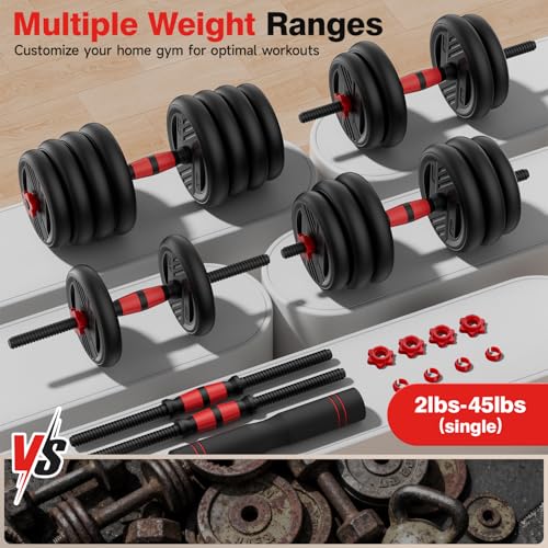 Adjustable Dumbbell Set, 20/30/45/70/90lbs Free Weight Set With Double Locknut, 5-in-1 Dumbbells Set Includes Barbell, Kettlebells, Push up Stand, Weight Plate, Fitness Exercise for Home Gym Suitable Men/Women - style: 90LB(45LB Pair)