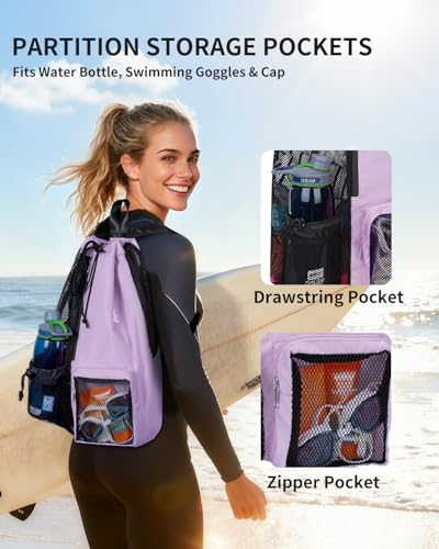 WANDF Mesh Swim Bag, Drawstring Beach Backpack - color: Purple, size: Large