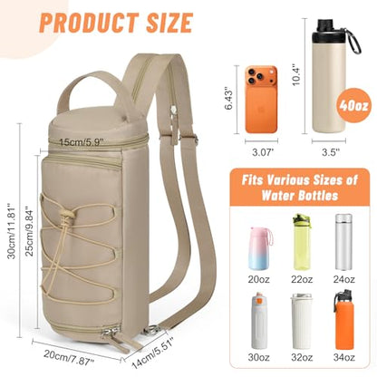 Nuovoware Small Sling Backpack, Sling Bag 25oz/32oz/40oz/50oz Water Bottle Carrier with Zippered Cap, 2 Pockets, Adjustable Shoulder Strap Carrier for Walking Traveling, Camel