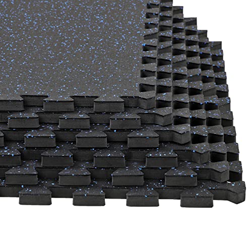 Xspec 1/2" Thick 48 sq ft (12 Tiles) Interlocking Rubber Top EVA Foam Exercise Mat | Home Gym Mats Workout Flooring Tiles for Gyms, Fitness Rooms | Durable Grip Protective Flooring, Black/Blue