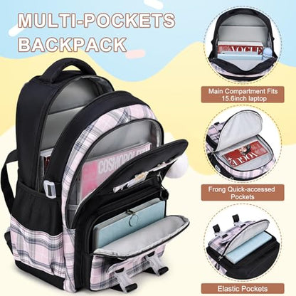 MOMUVO Backpack for Girls with Lunchbox, Kids Backpack with Lunch Box, Bookbag for Girls Kindergarten Elementary Preschool Middle School - color: Black Pink Sets