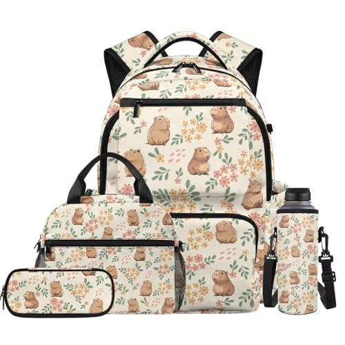 Floral Capybara Backpack for Girls Kids Backpack with Lunch Box Water Bottle Holder and Pencil Case 4PCS Set Elementary School Backpacks for Girls Bookbag with Front Pocket Schoolbag - color: Capybara Floral