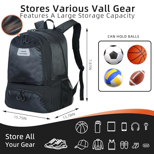 Basketball Bag Backpack with Ball & Shoes Compartment,Basketball Equipment Bags for Basketball, Soccer, Volleyball, Travel - color: Black