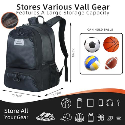 Basketball Bag Backpack with Ball & Shoes Compartment,Basketball Equipment Bags for Basketball, Soccer, Volleyball, Travel - color: Black