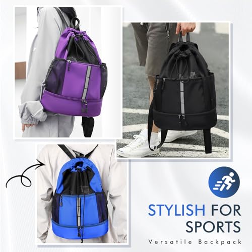 PinCute Drawstring Gym Bag for Men/Women - Mesh Beach Swim Bags Sports Backpack with Wet Pocket&Shoe Compartment, Lightweight - color: Blue