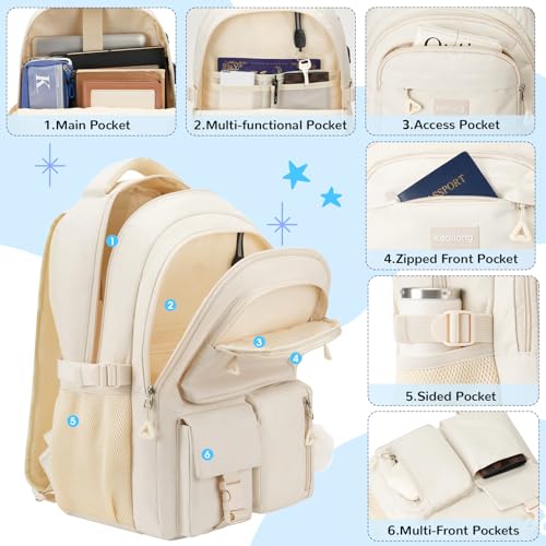 kadilong Student Laptop Backpack for College Teen Girls,Middle High School Back Pack Women Bookbag Knapsack Mochila Escolar para Niñas - color: Beige, size: 15,6 inch