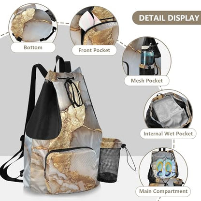 Drawstring Backpacks Gym Sackpack With Water Bottle Pocket String Back Pack Dry Wet Separation Marble White Neutral - color: Color 18