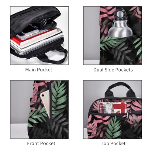 Black pink green leaves Travel Backpack for Men & Women 14 inch Laptop Backpack Waterproof Work Back Pack - color: Black Pink Green Leaves