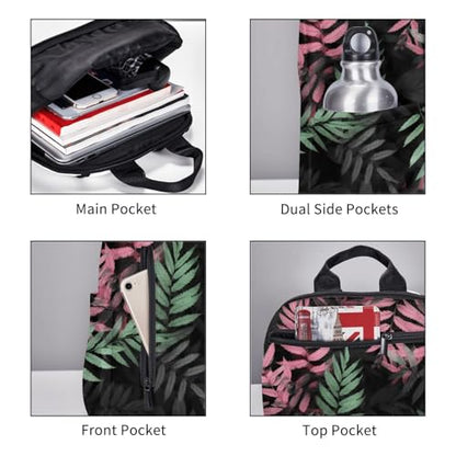 Black pink green leaves Travel Backpack for Men & Women 14 inch Laptop Backpack Waterproof Work Back Pack - color: Black Pink Green Leaves