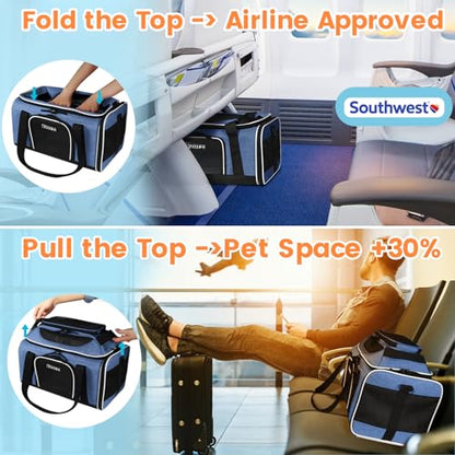 Petskd Top-Expandable Pet Carrier 18x13x9.5 Inches Southwest Airline Approved, Soft-Sided Carrier for Small Cats and Dogs with Locking Safety Zippers and Anti-Scratch Mesh(Blue) - color: Blue, size: 18.0"L x 13.0"W x 9.5"H