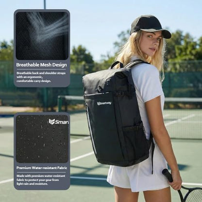 Smartway Waterproof Pickleball Bag With Shoe Compartment - Large Capacity Tennis Racket Backpack For Men Women - color: Black