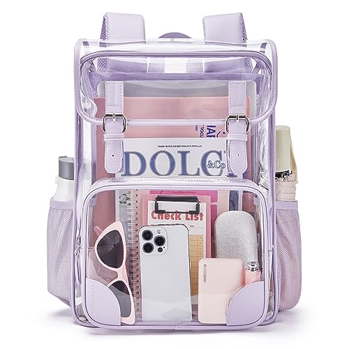 mommore Clear Backpack for Girls Heavy Duty Transparent Bookbag for School PVC See Through Backpack Clear Bag - color: Purple, style: Clear Backpack