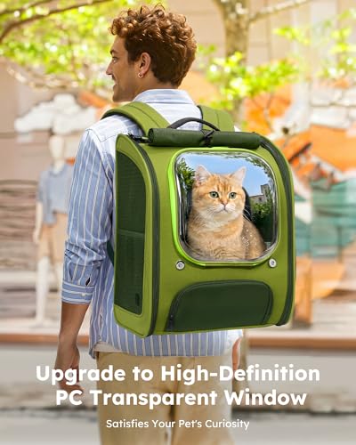 Pecute Cat Backpack Carrier,Large Space Cat Bubble Backpack,Ergonomic,Green | Color Blocking,Sunshade curtain,Folding bowl,Transparent window,Sturdy,Large mesh on both sides for breathability - color: Green-on-Green Color Blocking