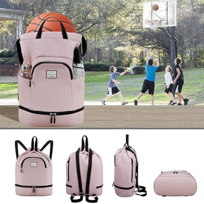 Kamo Drawstring Backpack Bag - Sport Swimming Yoga Backpack with Shoe Compartment, Two Water Bottle Holder for Men Women Large String Backpack Athletic Sackpack for Travel - color: Pale Pink
