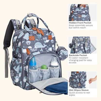 BabbleRoo Diaper Bag Backpack - Baby Essentials Travel Tote - Multi Function Water Resistant Diaper Bag, Travel Essentials Baby Bag with Changing Pad, Stroller Straps & Pacifier Case - Sea Animals - color: Sea Animals, size: Large