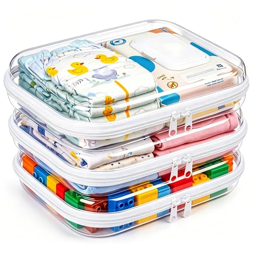 3 Pack Diaper Bag Organizer Pouches, Clear Hard Shell Zipper Cases for Travel, Makeup Bag, Toiletry Bag, Toy Storage Bins, Waterproof Storage Box for Pacifier Snacks Wipes Clothes Baby Essentials - size: 3M