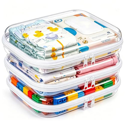 3 Pack Diaper Bag Organizer Pouches, Clear Hard Shell Zipper Cases for Travel, Makeup Bag, Toiletry Bag, Toy Storage Bins, Waterproof Storage Box for Pacifier Snacks Wipes Clothes Baby Essentials - size: 3M