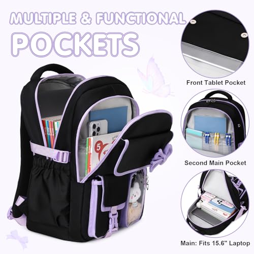 GeeWin Girls Backpack for School with Lunch Box & Pencil Case Set, 17 Inch Waterproof Cute Bow Girls Bookbag for Kids, Teens, Elementary Middle High College School Student (Black/Purple) - color: Black Purple