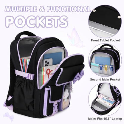 GeeWin Girls Backpack for School with Lunch Box & Pencil Case Set, 17 Inch Waterproof Cute Bow Girls Bookbag for Kids, Teens, Elementary Middle High College School Student (Black/Purple) - color: Black Purple