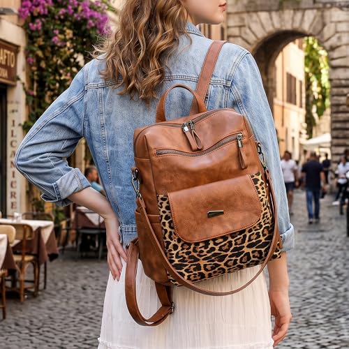 WYFJNX PU Leather Backpack Purse for Women Fashion Multipurpose Design Handbag Ladies Shoulder Bags Travel Backpack Brown with Leopard Print - color: Leopard