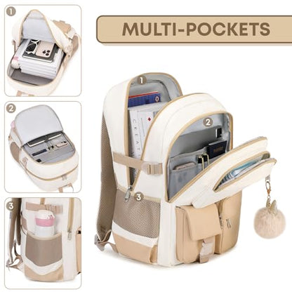 3PCS School Backpack For Student Women College Middle High Teen Girls Bookbag Waterproof Laptop Bag Beige Khaki - color: Beige Khaki