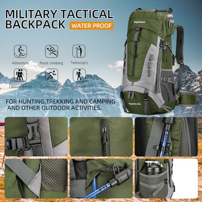 King'sGuard 60L Hiking Backpack for Men and Women Lightweight Camping Hiking Backpack with Rain Cover Large Waterproof Travel Backpack Backpacking Pack (Army Green) - color: Army Green