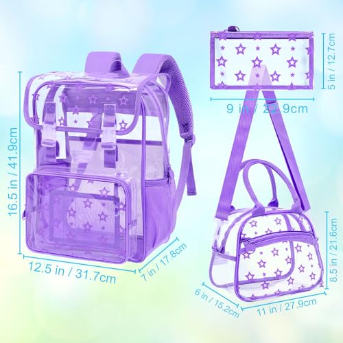 17" Clear Backpack for School, Girls Kids Transparent Bookbag Set, 3Pcs Stadium Approved See Through Backpack with Lunch Box (Purple) - color: Star Purple