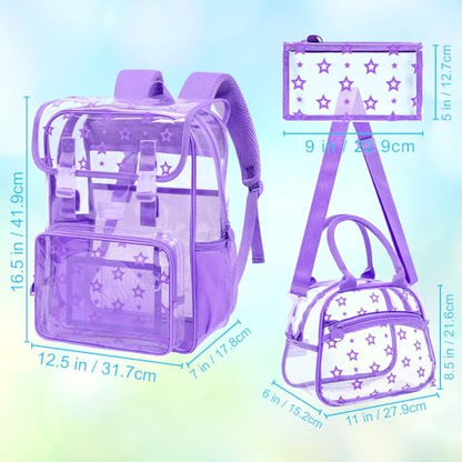 17" Clear Backpack for School, Girls Kids Transparent Bookbag Set, 3Pcs Stadium Approved See Through Backpack with Lunch Box (Purple) - color: Star Purple