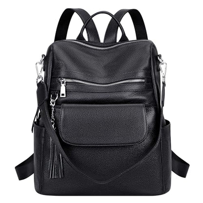 ALTOSY Genuine Leather Backpack Purse for Women Large Convertible Shoulder bag Ladies Crossdody Bag with Tassel - color: Black